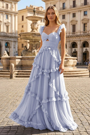 A-Line Straps Sky Blue Chiffon Ruffles Long Prom Dress – Prom Dresses by KissProm | Available at KissProm