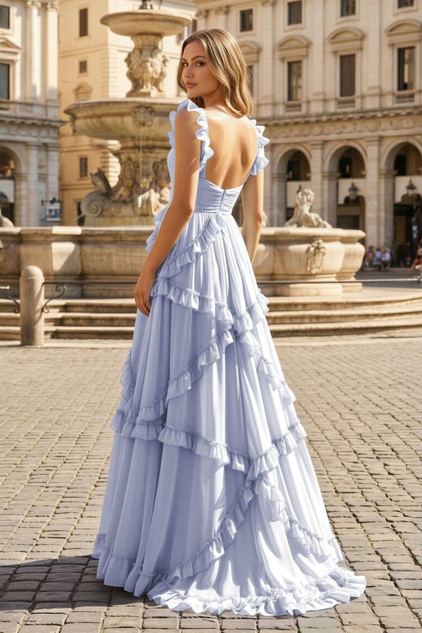 A-Line Straps Sky Blue Chiffon Ruffles Long Prom Dress – Prom Dresses by KissProm | Available at KissProm