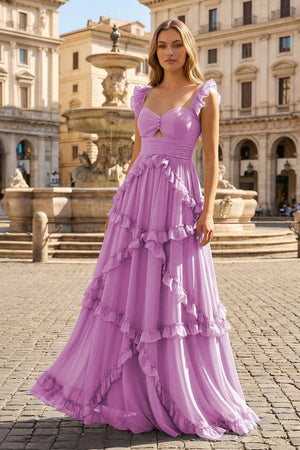 A-Line Straps Sky Blue Chiffon Ruffles Long Prom Dress – Prom Dresses by KissProm | Available at KissProm