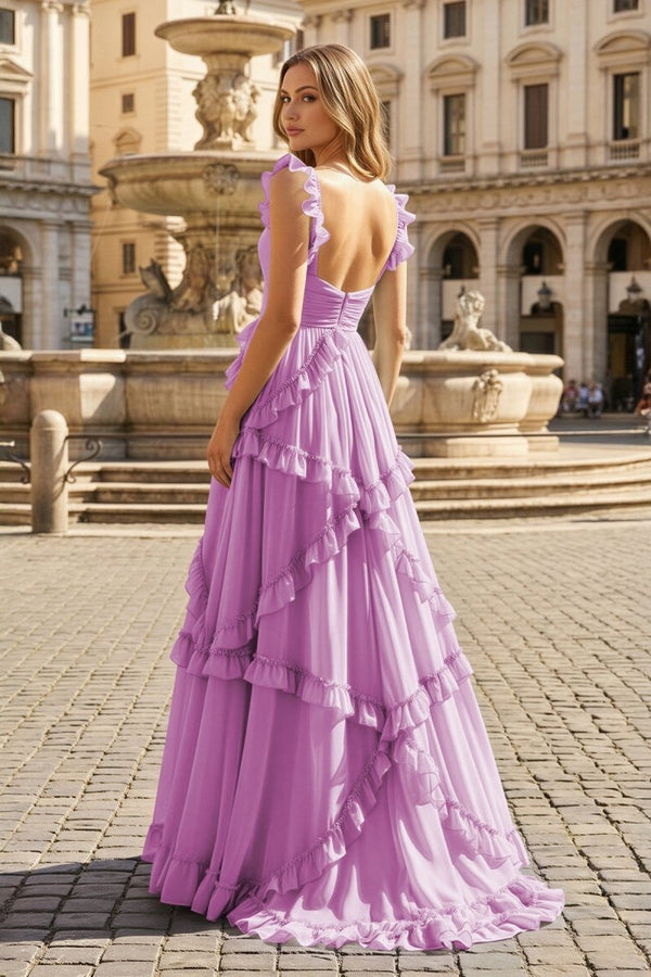 A-Line Straps Sky Blue Chiffon Ruffles Long Prom Dress – Prom Dresses by KissProm | Available at KissProm