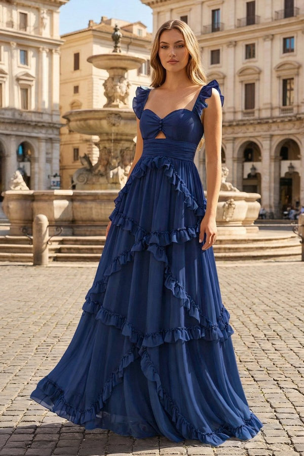 A-Line Straps Sky Blue Chiffon Ruffles Long Prom Dress – Prom Dresses by KissProm | Available at KissProm