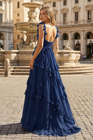 A-Line Straps Sky Blue Chiffon Ruffles Long Prom Dress – Prom Dresses by KissProm | Available at KissProm