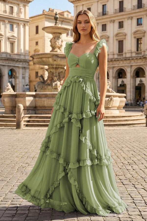 A-Line Straps Sky Blue Chiffon Ruffles Long Prom Dress – Prom Dresses by KissProm | Available at KissProm