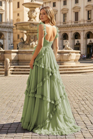 A-Line Straps Sky Blue Chiffon Ruffles Long Prom Dress – Prom Dresses by KissProm | Available at KissProm