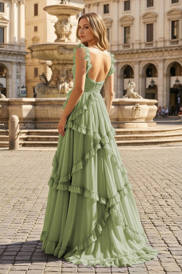A-Line Straps Sky Blue Chiffon Ruffles Long Prom Dress – Prom Dresses by KissProm | Available at KissProm