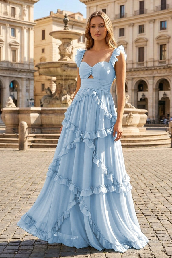 A-Line Straps Sky Blue Chiffon Ruffles Long Prom Dress – Prom Dresses by KissProm | Available at KissProm
