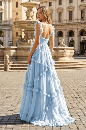 A-Line Straps Sky Blue Chiffon Ruffles Long Prom Dress – Prom Dresses by KissProm | Available at KissProm