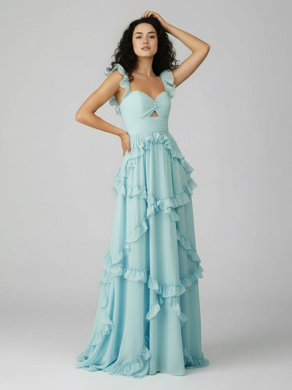 A-Line Straps Sky Blue Chiffon Ruffles Long Prom Dress – Prom Dresses by KissProm | Available at KissProm