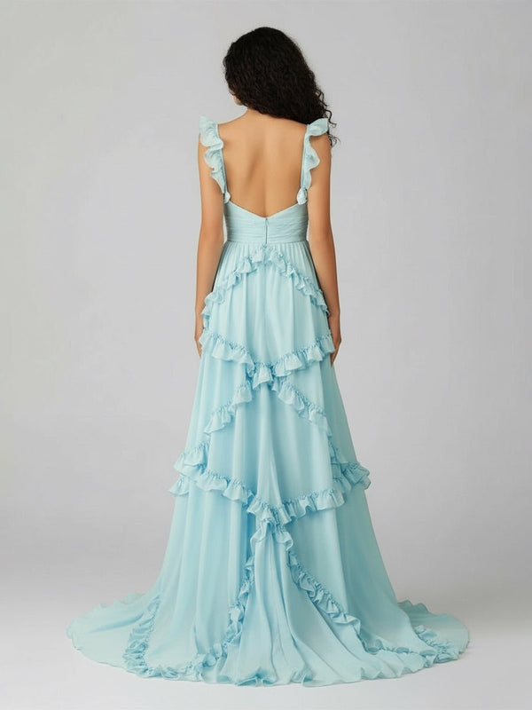 A-Line Straps Sky Blue Chiffon Ruffles Long Prom Dress – Prom Dresses by KissProm | Available at KissProm