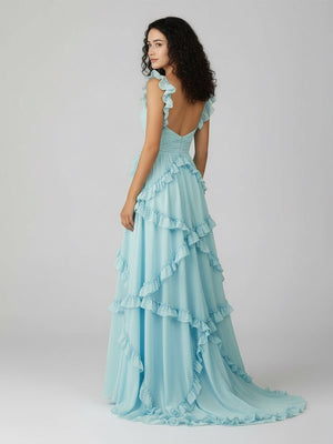 A-Line Straps Sky Blue Chiffon Ruffles Long Prom Dress – Prom Dresses by KissProm | Available at KissProm