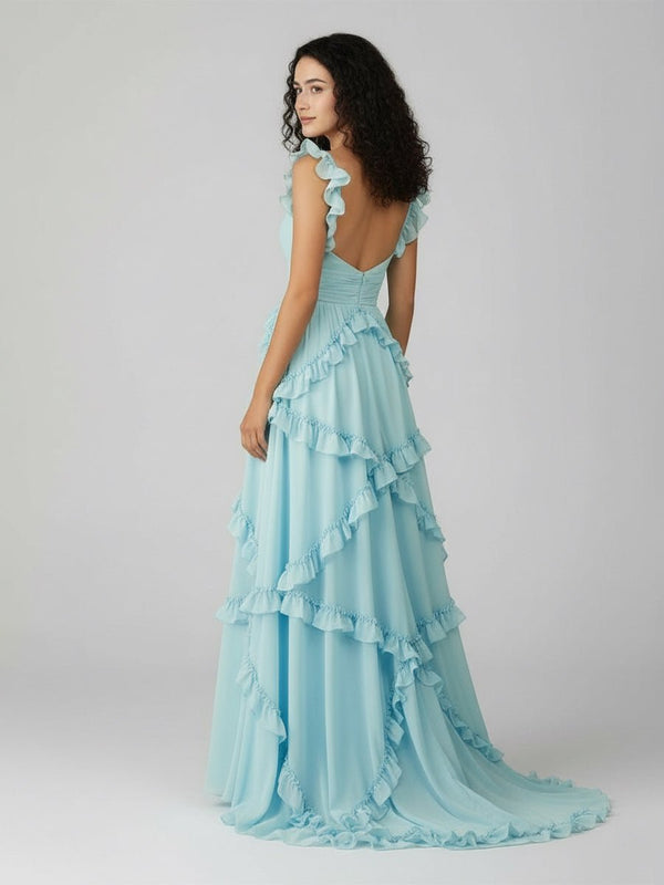A-Line Straps Sky Blue Chiffon Ruffles Long Prom Dress – Prom Dresses by KissProm | Available at KissProm