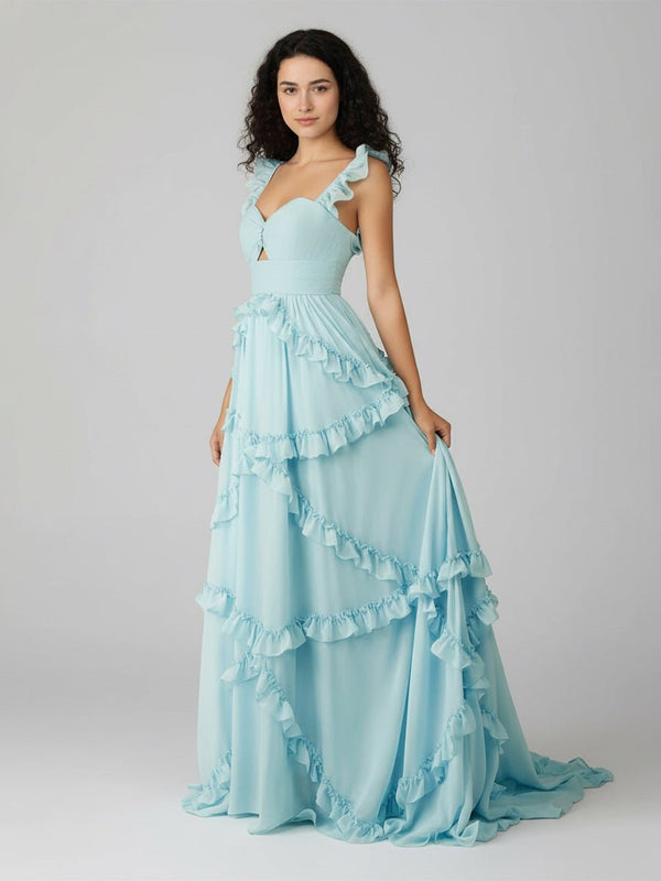 A-Line Straps Sky Blue Chiffon Ruffles Long Prom Dress – Prom Dresses by KissProm | Available at KissProm