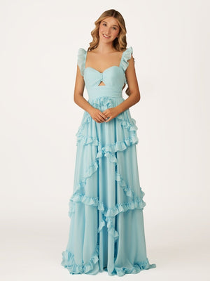 A-Line Straps Sky Blue Chiffon Ruffles Long Prom Dress – Prom Dresses by KissProm | Available at KissProm