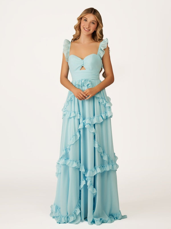 A-Line Straps Sky Blue Chiffon Ruffles Long Prom Dress – Prom Dresses by KissProm | Available at KissProm