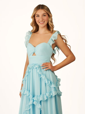 A-Line Straps Sky Blue Chiffon Ruffles Long Prom Dress – Prom Dresses by KissProm | Available at KissProm