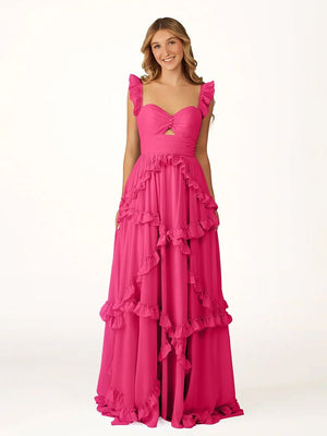 A-Line Straps Sky Blue Chiffon Ruffles Long Prom Dress – Prom Dresses by KissProm | Available at KissProm
