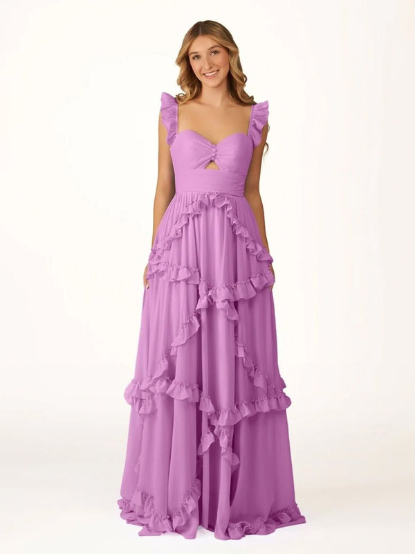 A-Line Straps Sky Blue Chiffon Ruffles Long Prom Dress – Prom Dresses by KissProm | Available at KissProm