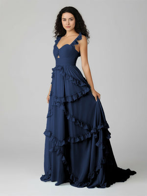 A-Line Straps Sky Blue Chiffon Ruffles Long Prom Dress – Prom Dresses by KissProm | Available at KissProm