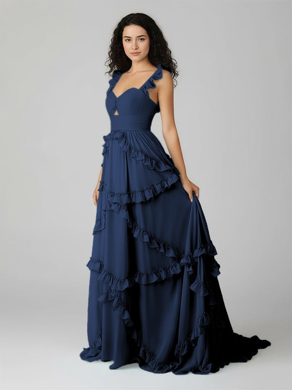 A-Line Straps Sky Blue Chiffon Ruffles Long Prom Dress – Prom Dresses by KissProm | Available at KissProm