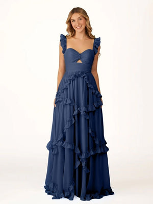 A-Line Straps Sky Blue Chiffon Ruffles Long Prom Dress – Prom Dresses by KissProm | Available at KissProm
