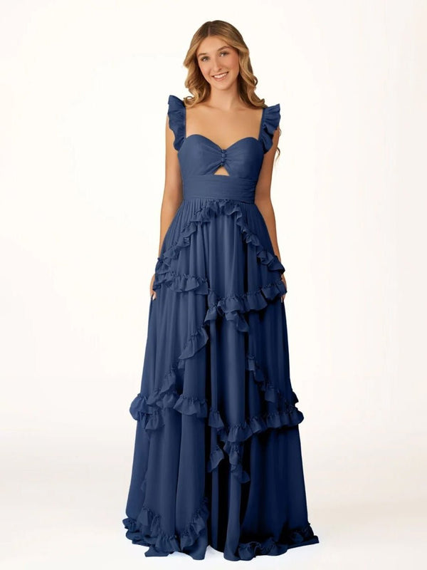A-Line Straps Sky Blue Chiffon Ruffles Long Prom Dress – Prom Dresses by KissProm | Available at KissProm