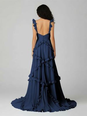 A-Line Straps Sky Blue Chiffon Ruffles Long Prom Dress – Prom Dresses by KissProm | Available at KissProm
