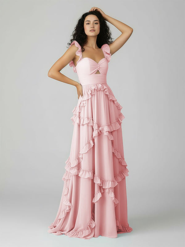 A-Line Straps Sky Blue Chiffon Ruffles Long Prom Dress – Prom Dresses by KissProm | Available at KissProm