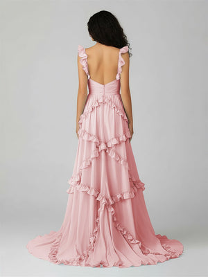 A-Line Straps Sky Blue Chiffon Ruffles Long Prom Dress – Prom Dresses by KissProm | Available at KissProm