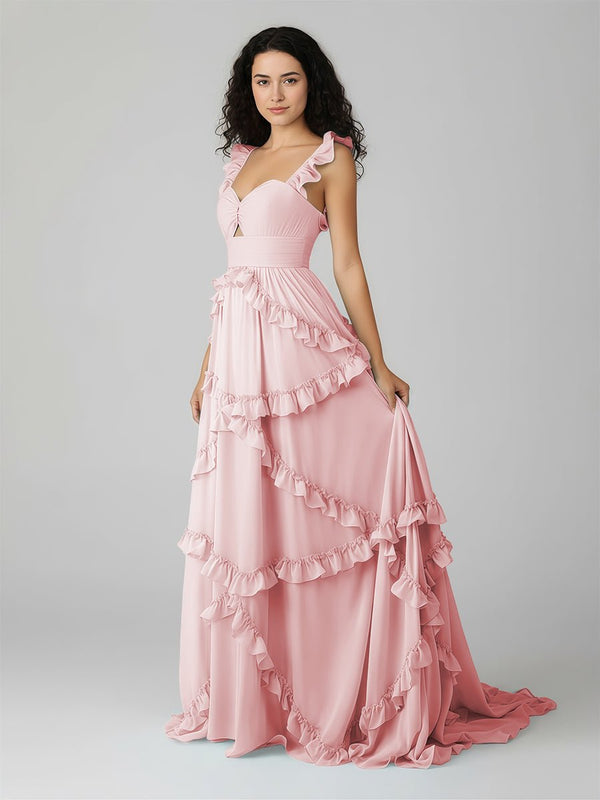 A-Line Straps Sky Blue Chiffon Ruffles Long Prom Dress – Prom Dresses by KissProm | Available at KissProm