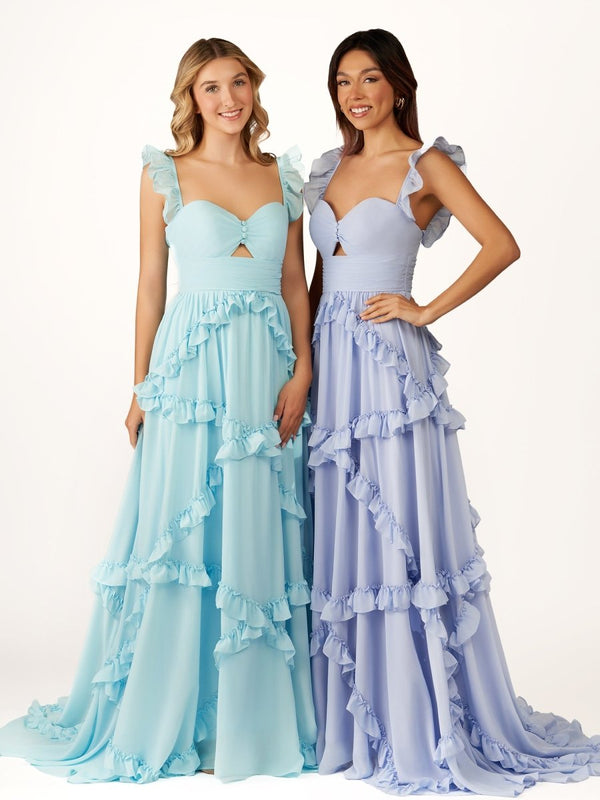 A-Line Straps Sky Blue Chiffon Ruffles Long Prom Dress – Prom Dresses by KissProm | Available at KissProm