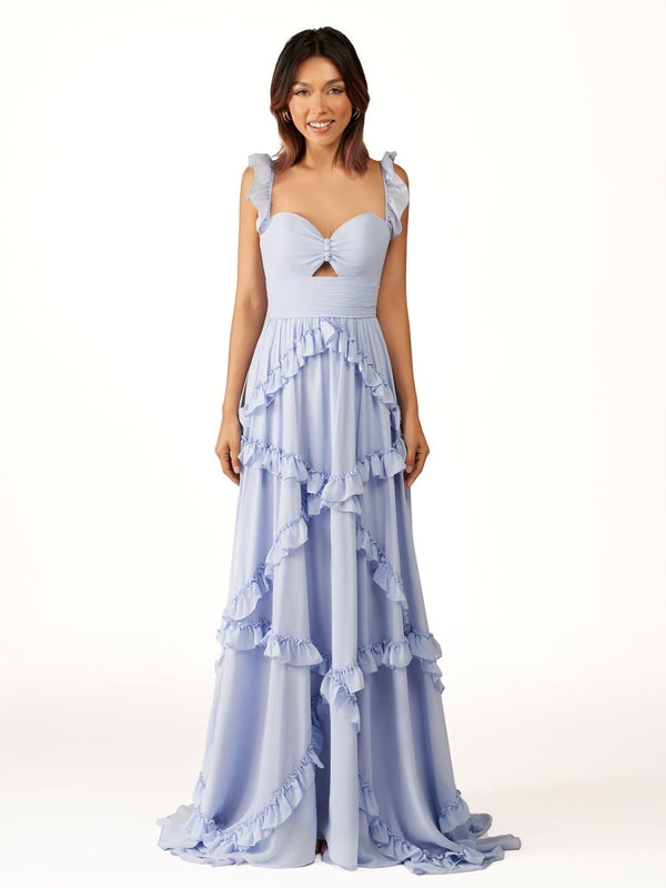A-Line Straps Sky Blue Chiffon Ruffles Long Prom Dress – Prom Dresses by KissProm | Available at KissProm