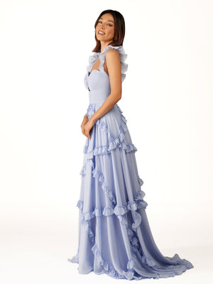 A-Line Straps Sky Blue Chiffon Ruffles Long Prom Dress – Prom Dresses by KissProm | Available at KissProm