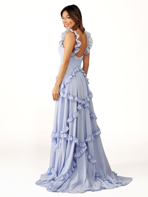 A-Line Straps Sky Blue Chiffon Ruffles Long Prom Dress – Prom Dresses by KissProm | Available at KissProm