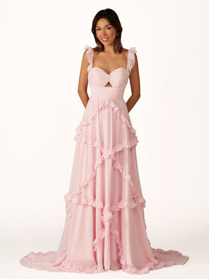 A-Line Straps Sky Blue Chiffon Ruffles Long Prom Dress – Prom Dresses by KissProm | Available at KissProm