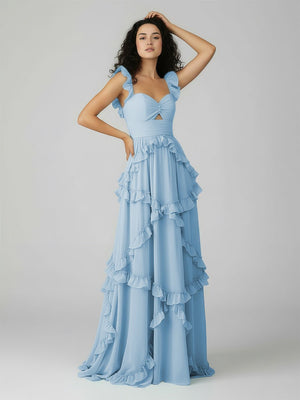 A-Line Straps Sky Blue Chiffon Ruffles Long Prom Dress – Prom Dresses by KissProm | Available at KissProm