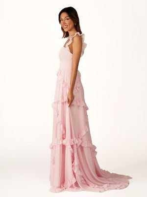 A-Line Straps Sky Blue Chiffon Ruffles Long Prom Dress – Prom Dresses by KissProm | Available at KissProm