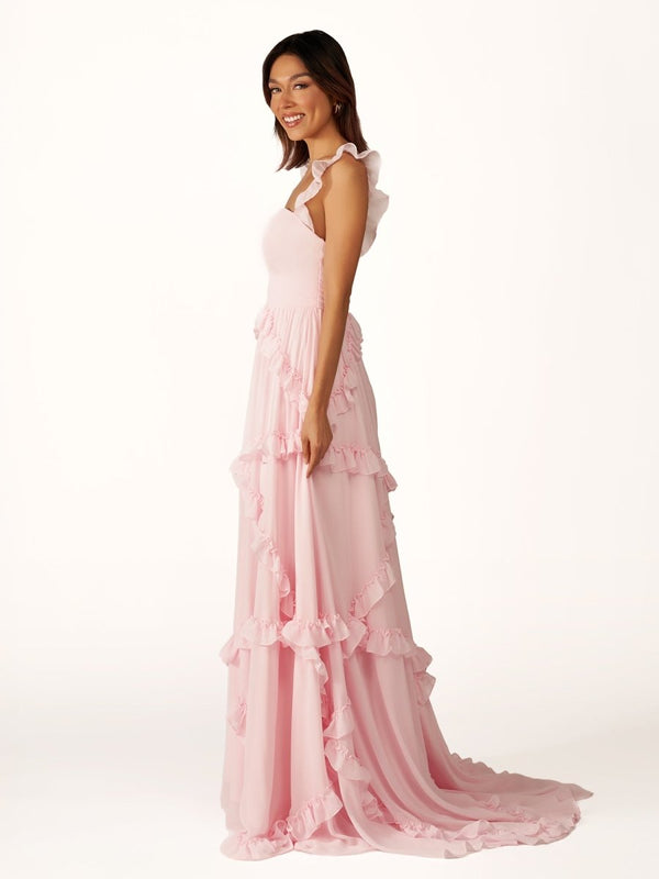 A-Line Straps Sky Blue Chiffon Ruffles Long Prom Dress – Prom Dresses by KissProm | Available at KissProm