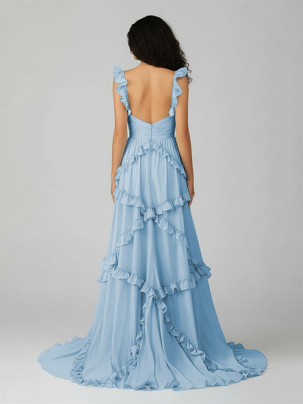 A-Line Straps Sky Blue Chiffon Ruffles Long Prom Dress – Prom Dresses by KissProm | Available at KissProm