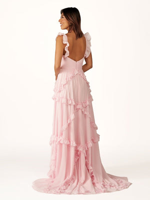 A-Line Straps Sky Blue Chiffon Ruffles Long Prom Dress – Prom Dresses by KissProm | Available at KissProm