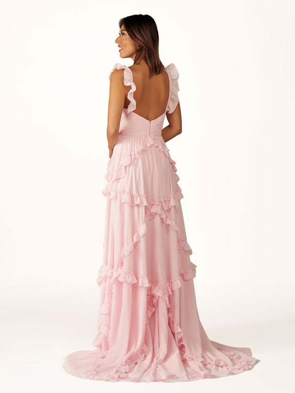 A-Line Straps Sky Blue Chiffon Ruffles Long Prom Dress – Prom Dresses by KissProm | Available at KissProm