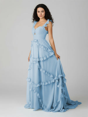 A-Line Straps Sky Blue Chiffon Ruffles Long Prom Dress – Prom Dresses by KissProm | Available at KissProm