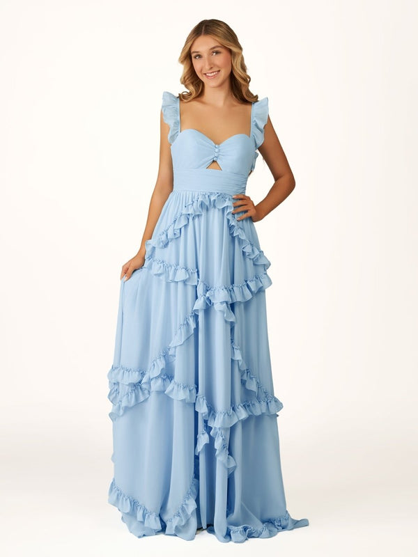 A-Line Straps Sky Blue Chiffon Ruffles Long Prom Dress – Prom Dresses by KissProm | Available at KissProm
