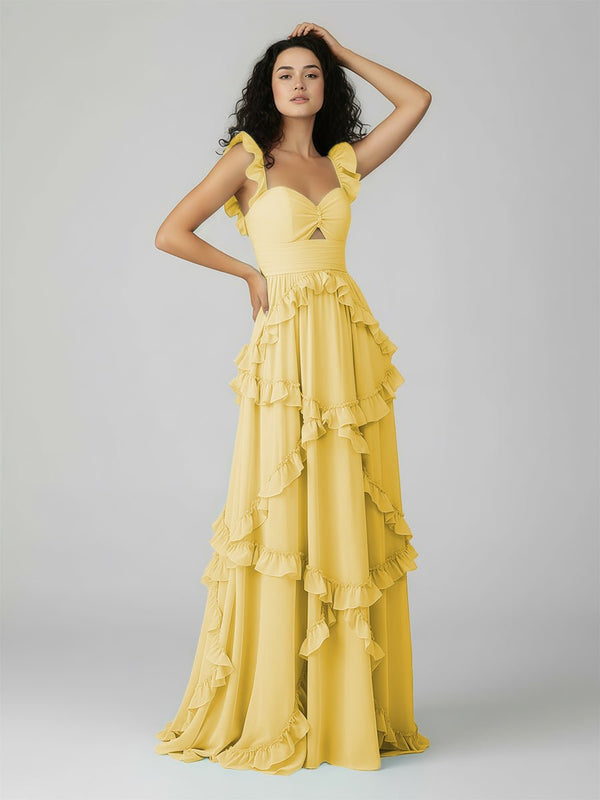 A-Line Straps Sky Blue Chiffon Ruffles Long Prom Dress – Prom Dresses by KissProm | Available at KissProm