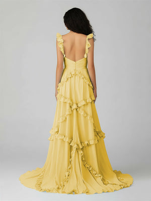 A-Line Straps Sky Blue Chiffon Ruffles Long Prom Dress – Prom Dresses by KissProm | Available at KissProm