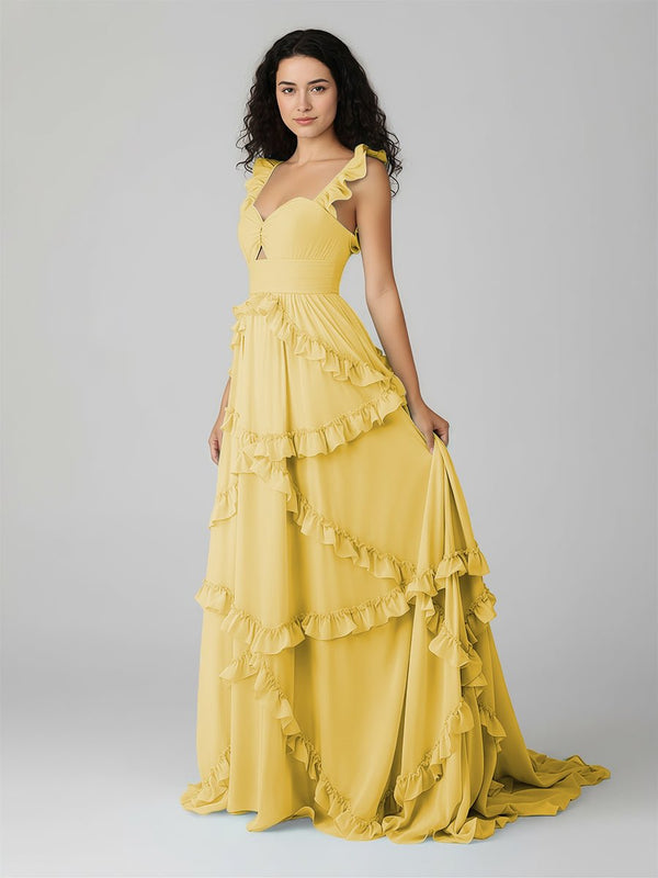 A-Line Straps Sky Blue Chiffon Ruffles Long Prom Dress – Prom Dresses by KissProm | Available at KissProm