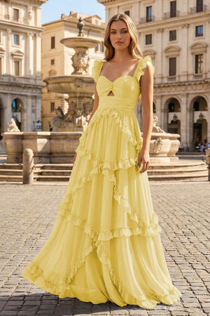 A-Line Straps Sky Blue Chiffon Ruffles Long Prom Dress – Prom Dresses by KissProm | Available at KissProm