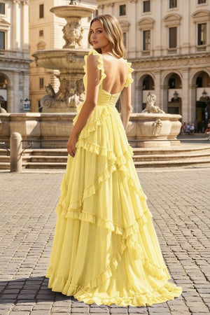 A-Line Straps Sky Blue Chiffon Ruffles Long Prom Dress – Prom Dresses by KissProm | Available at KissProm