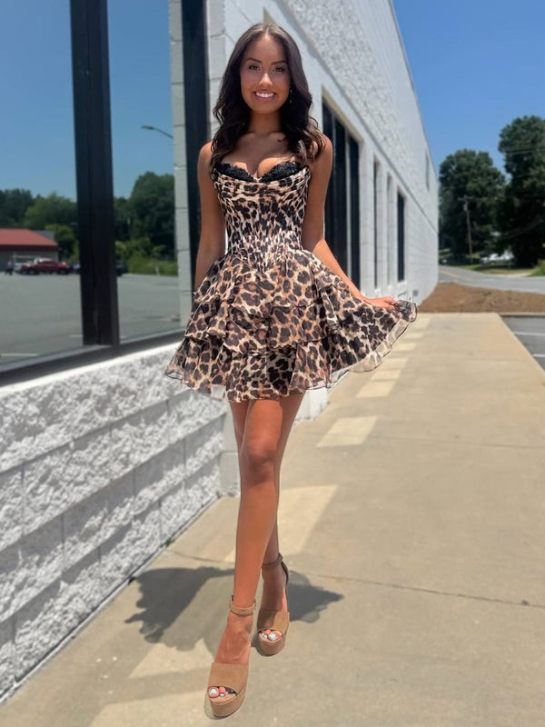 Idalia | Leopard - Strapless Leopard Print Chiffon A Line Homecoming Dress With Beading