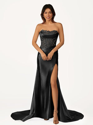 Fuchsia Beaded Strapless Applique Formal Dress with Slit – Prom Dresses by KissProm | Available at KissProm