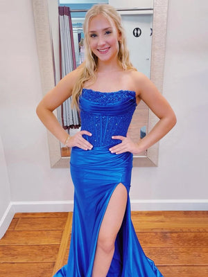 Fuchsia Beaded Strapless Applique Formal Dress with Slit – Prom Dresses by KissProm | Available at KissProm